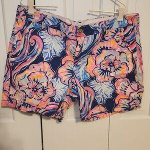 Lilly Pulitzer Jayne Stretch Floral Print Shorts Navy Pink Orange Size 14